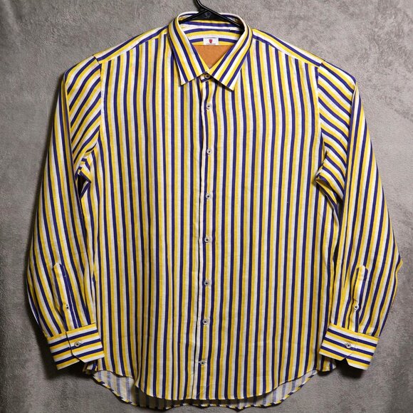 Cordone Shirt Mens 18 45 Yellow Blue Stripe Linen Long Sleeve Made in Italy - Picture 1 of 16